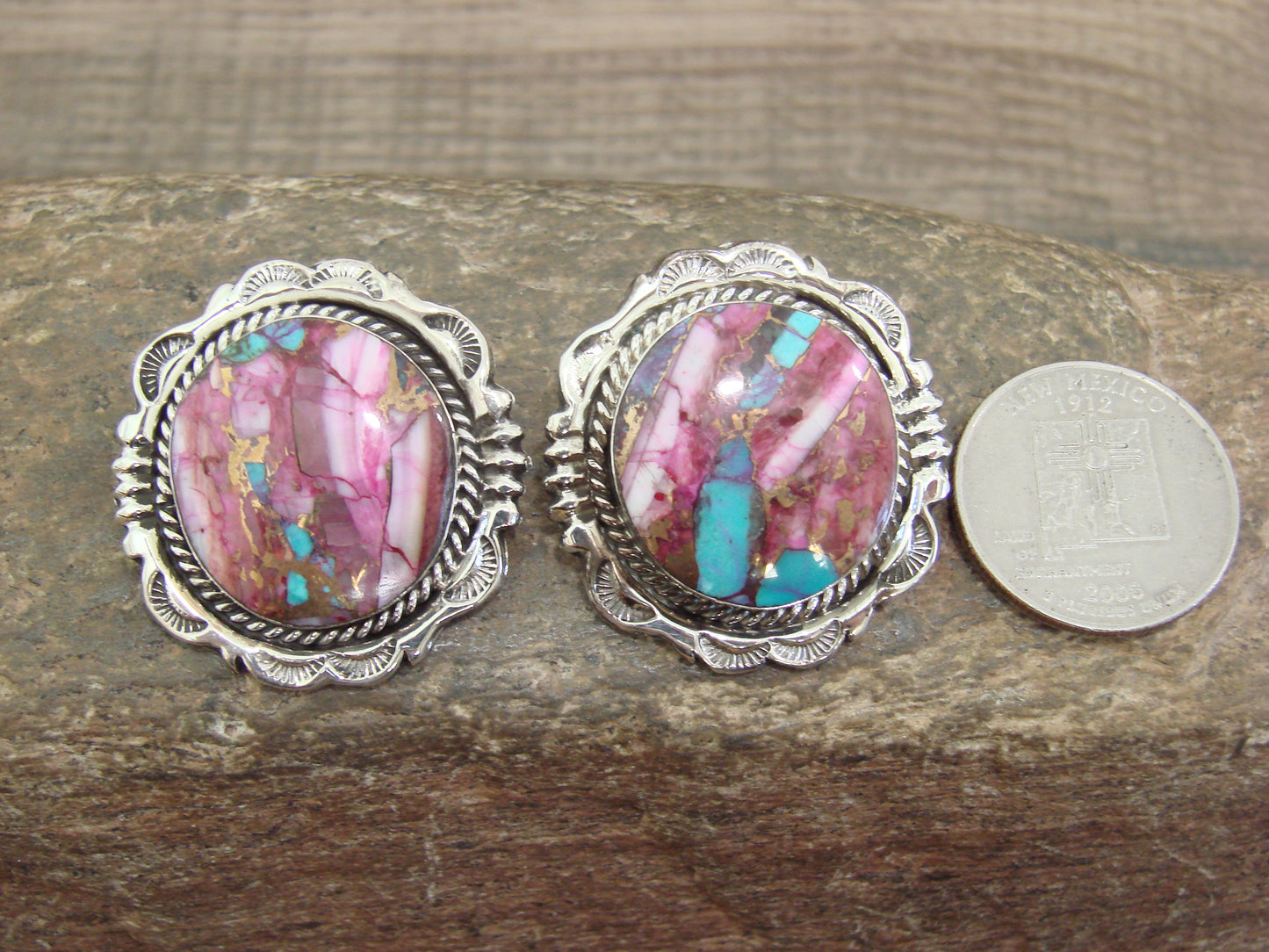 Native American Sterling Silver Bronze Infused Kingman Turquoise Post Earrings - Smith