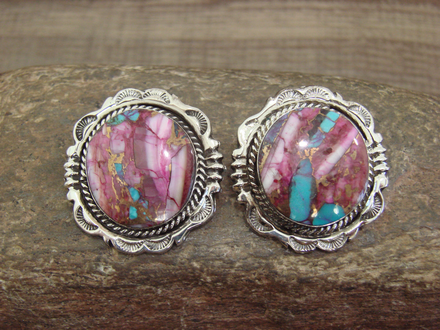 Native American Sterling Silver Bronze Infused Kingman Turquoise Post Earrings - Smith