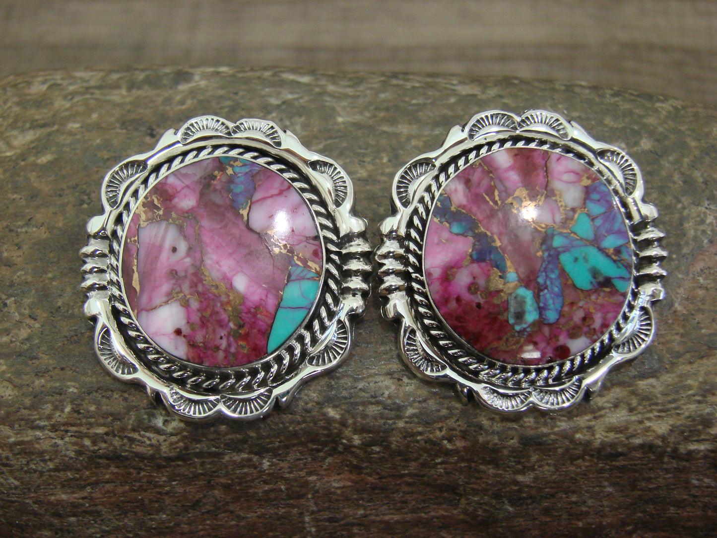 Native American Sterling Silver Bronze Infused Kingman Turquoise Post Earrings - Smith