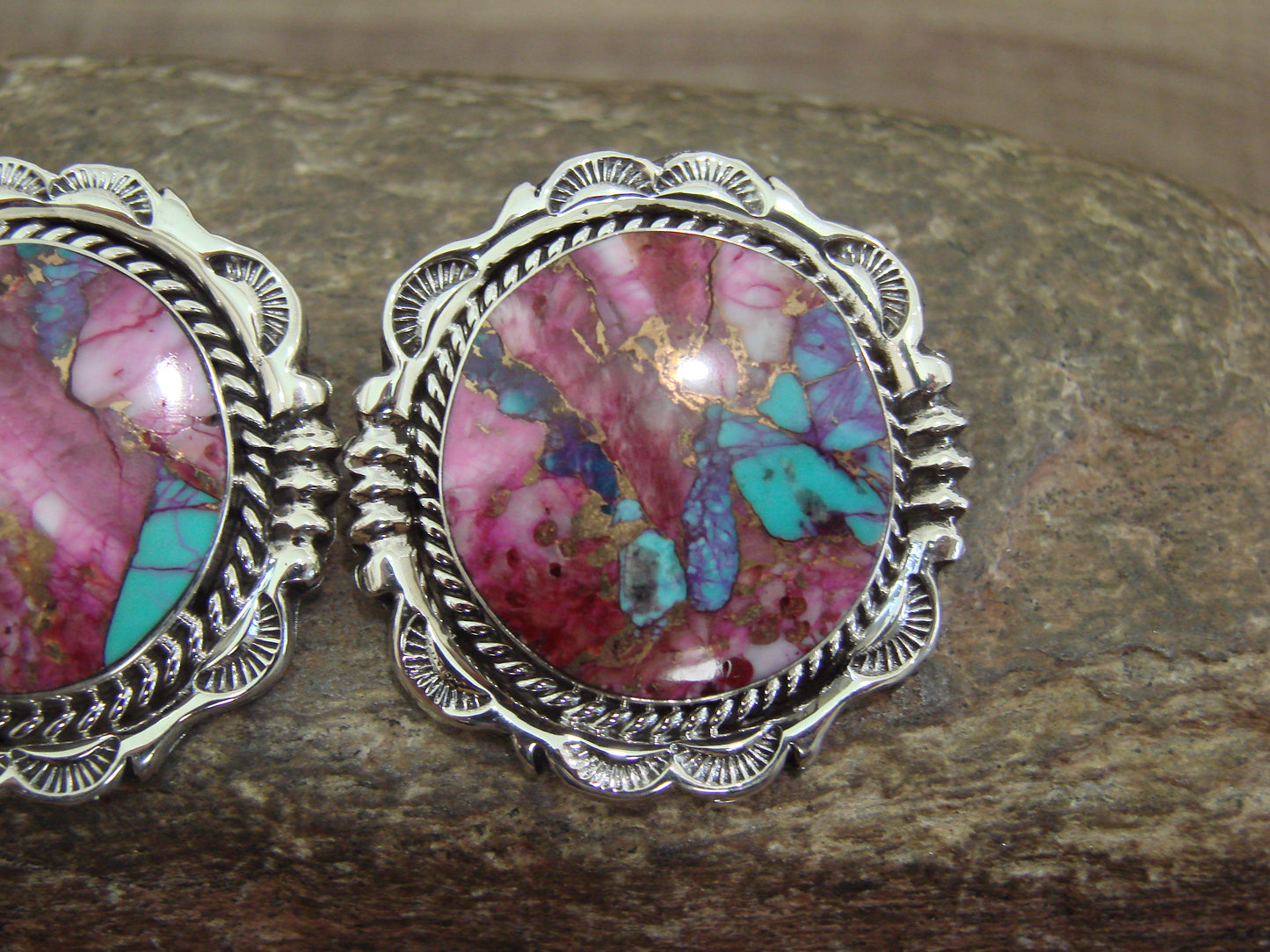 Native American Sterling Silver Bronze Infused Kingman Turquoise Post Earrings - Smith