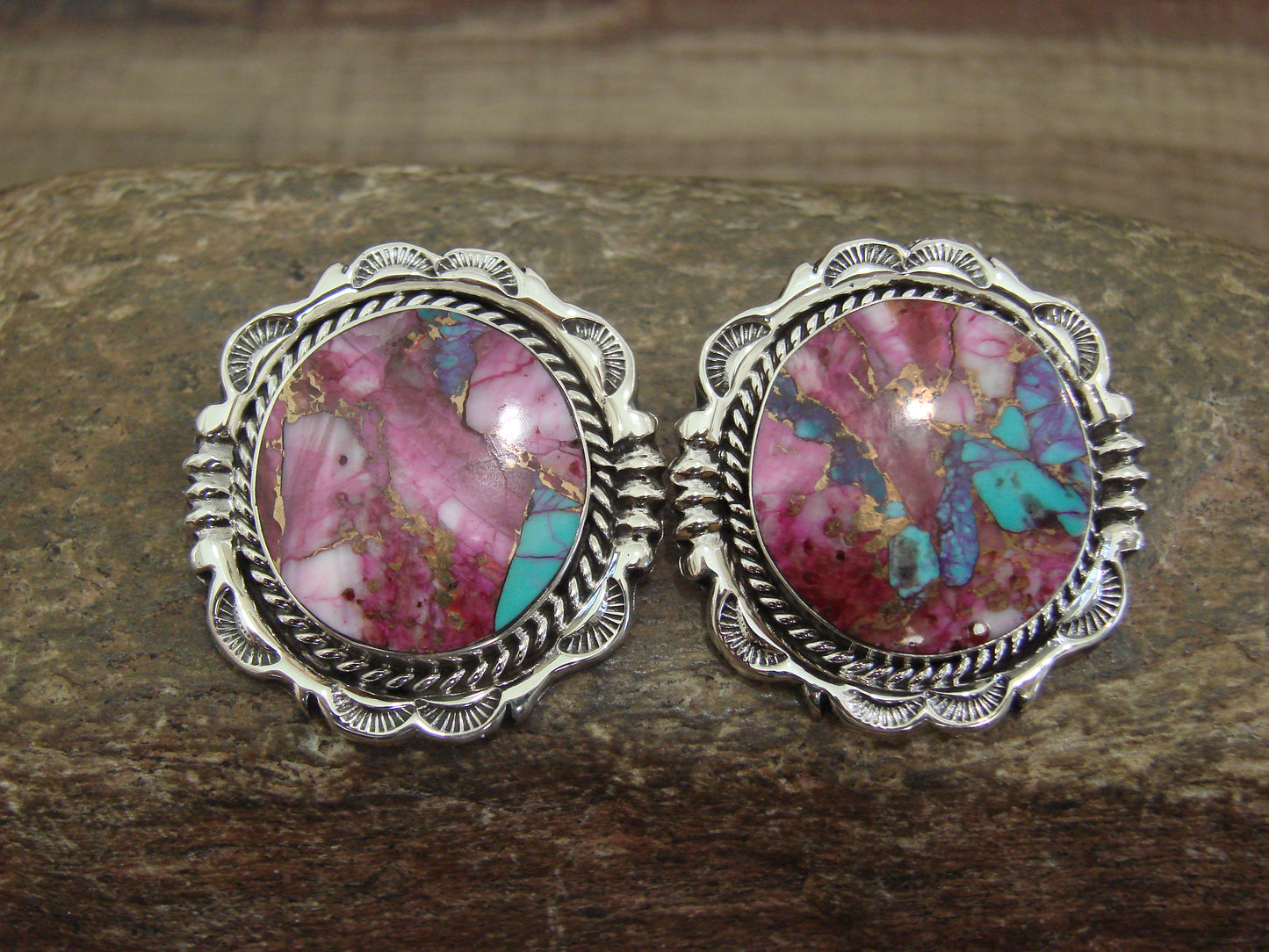 Native American Sterling Silver Bronze Infused Kingman Turquoise Post Earrings - Smith