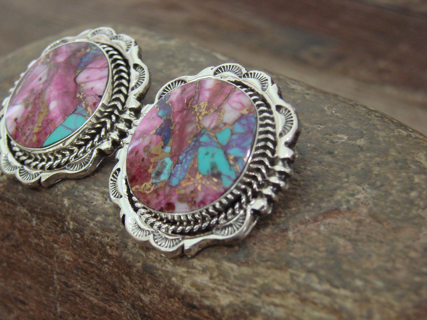 Native American Sterling Silver Bronze Infused Kingman Turquoise Post Earrings - Smith