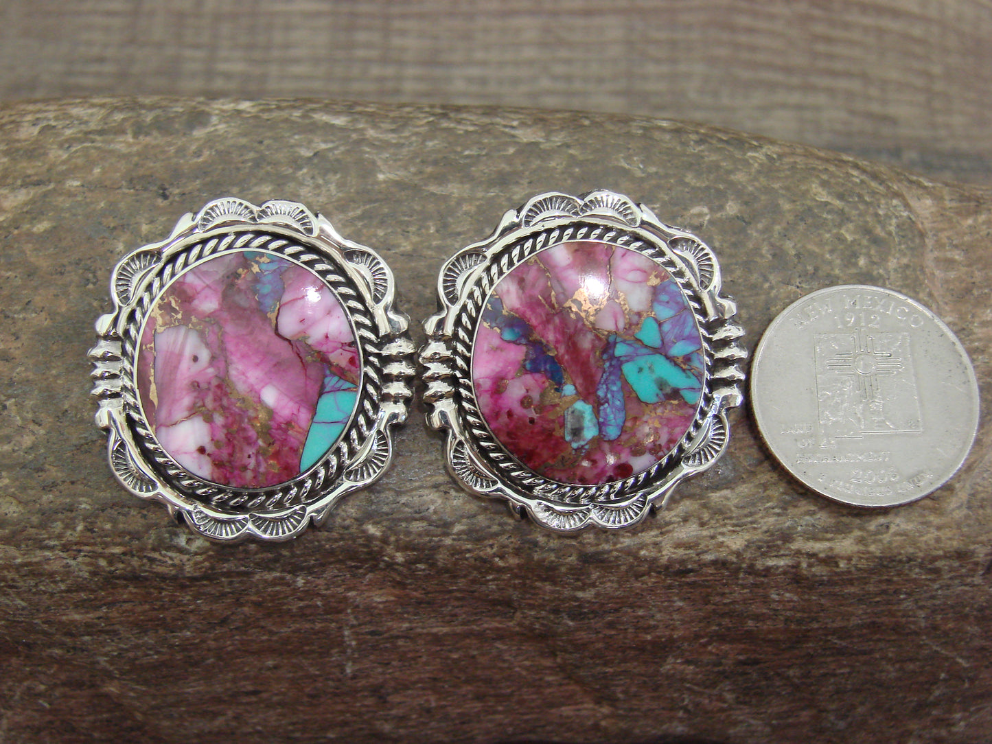 Native American Sterling Silver Bronze Infused Kingman Turquoise Post Earrings - Smith