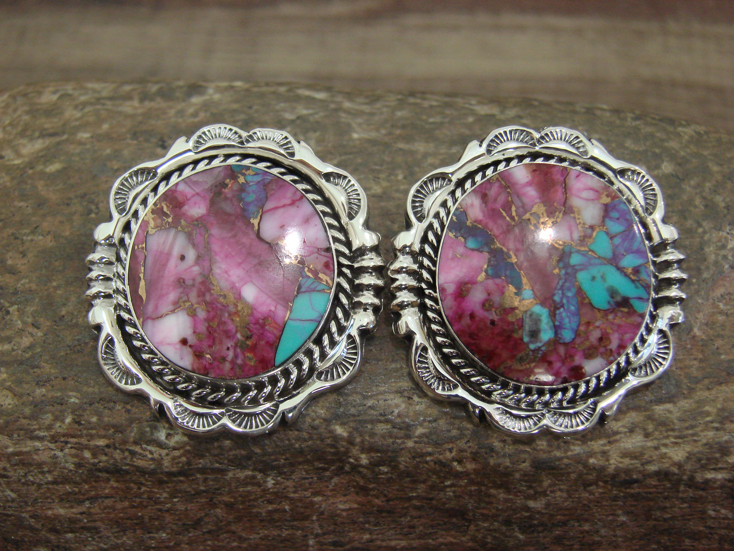 Native American Sterling Silver Bronze Infused Kingman Turquoise Post Earrings - Smith