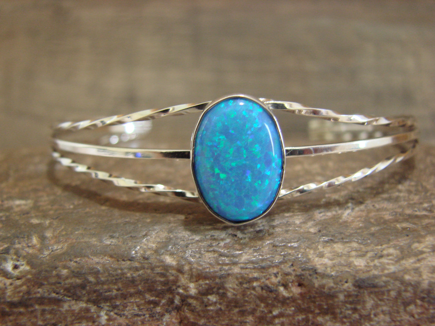 Native American Sterling Silver & Blue Opal Bracelet by Alice Saunders