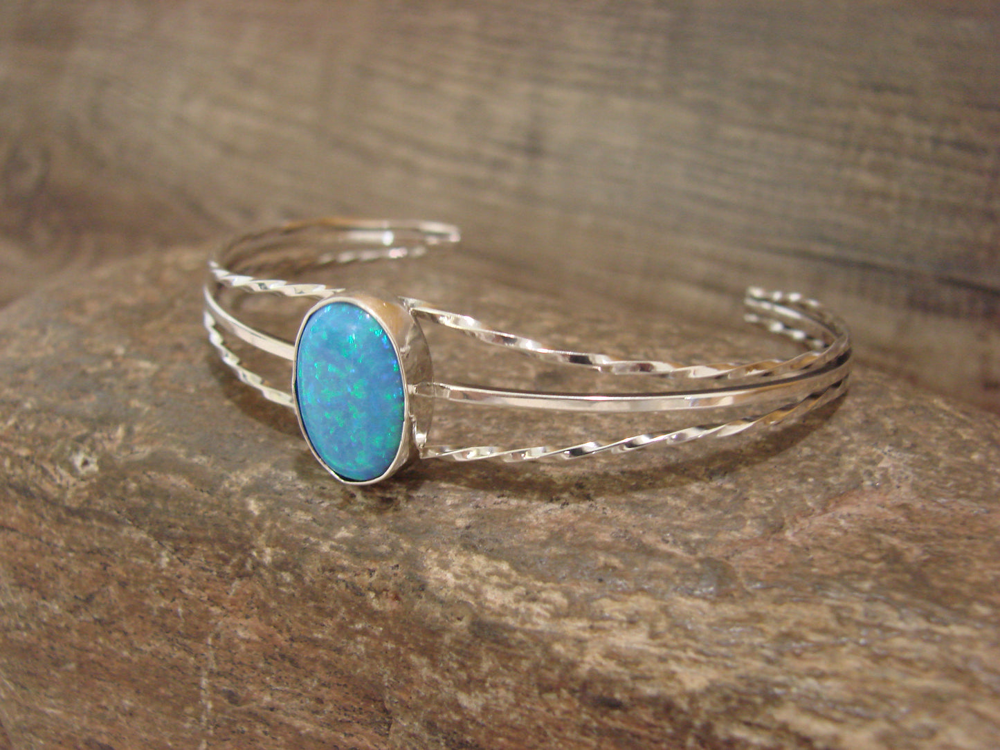 Native American Sterling Silver & Blue Opal Bracelet by Alice Saunders