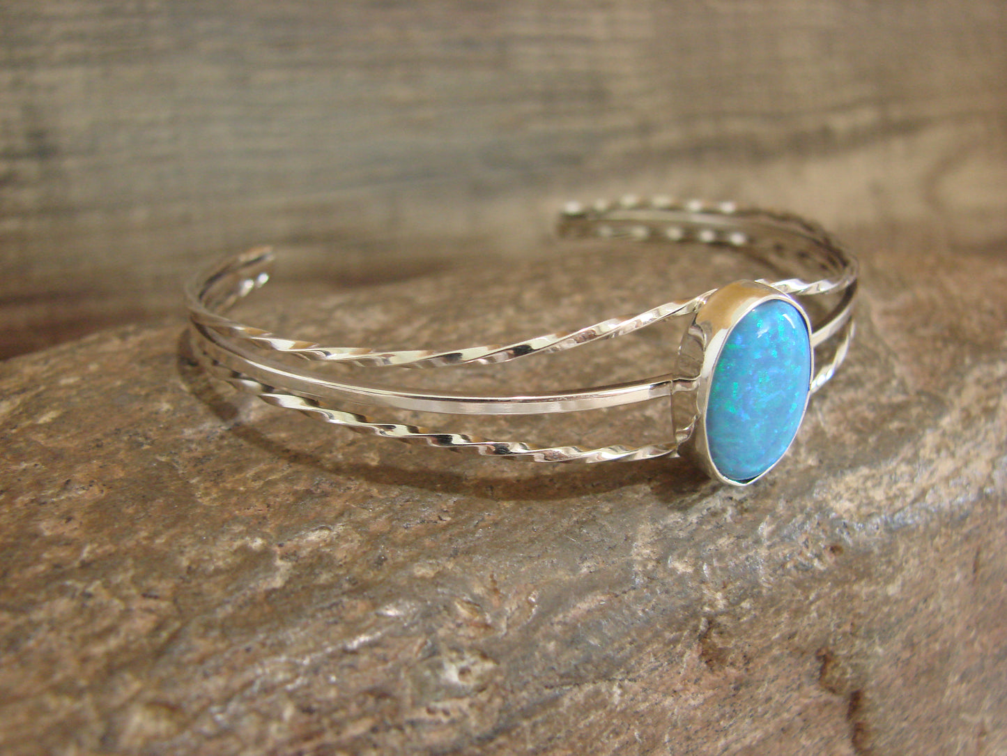 Native American Sterling Silver & Blue Opal Bracelet by Alice Saunders