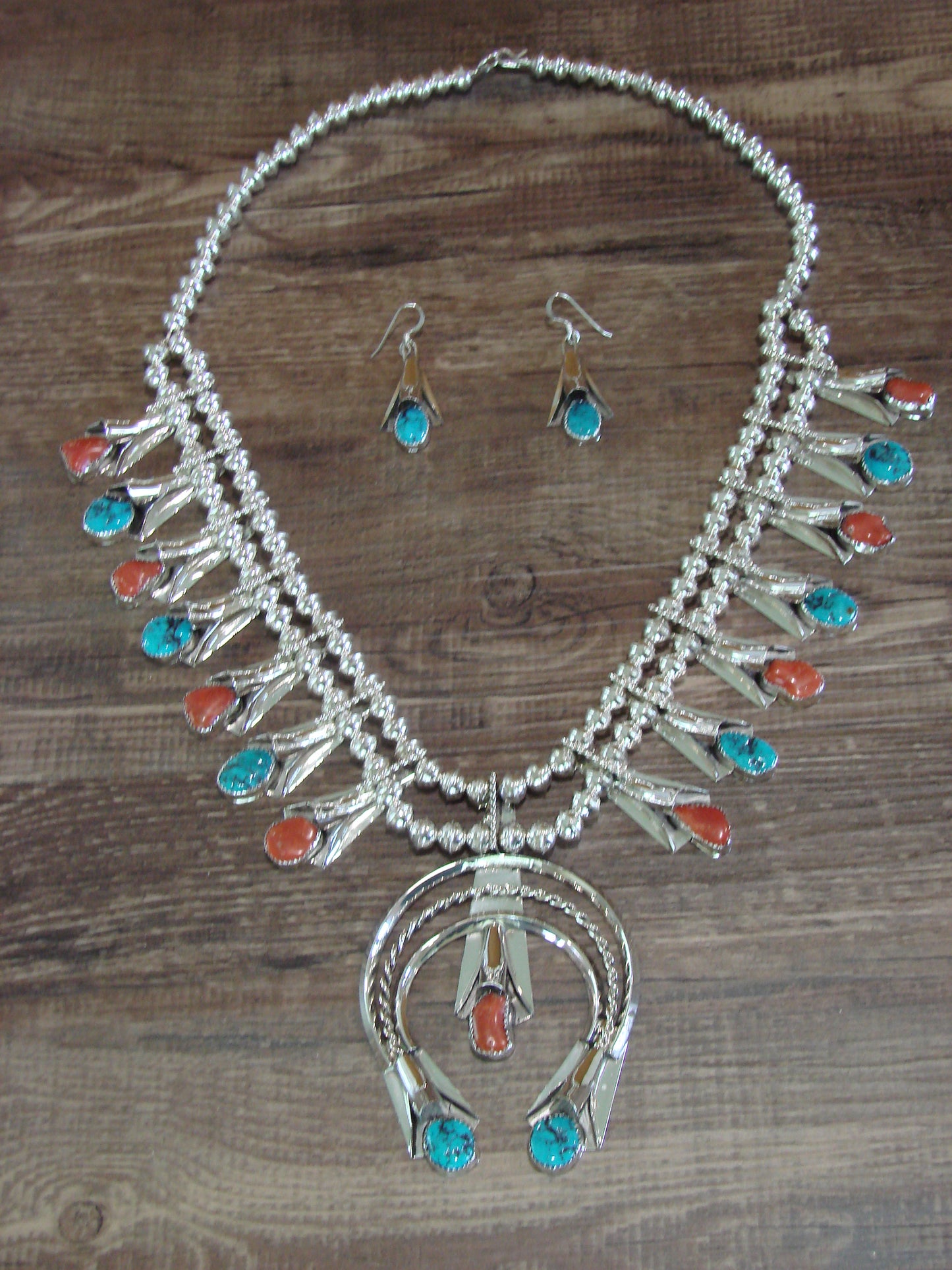 Native American Sterling Silver Turquoise & Coral Squash Blossom Set By Yazzie