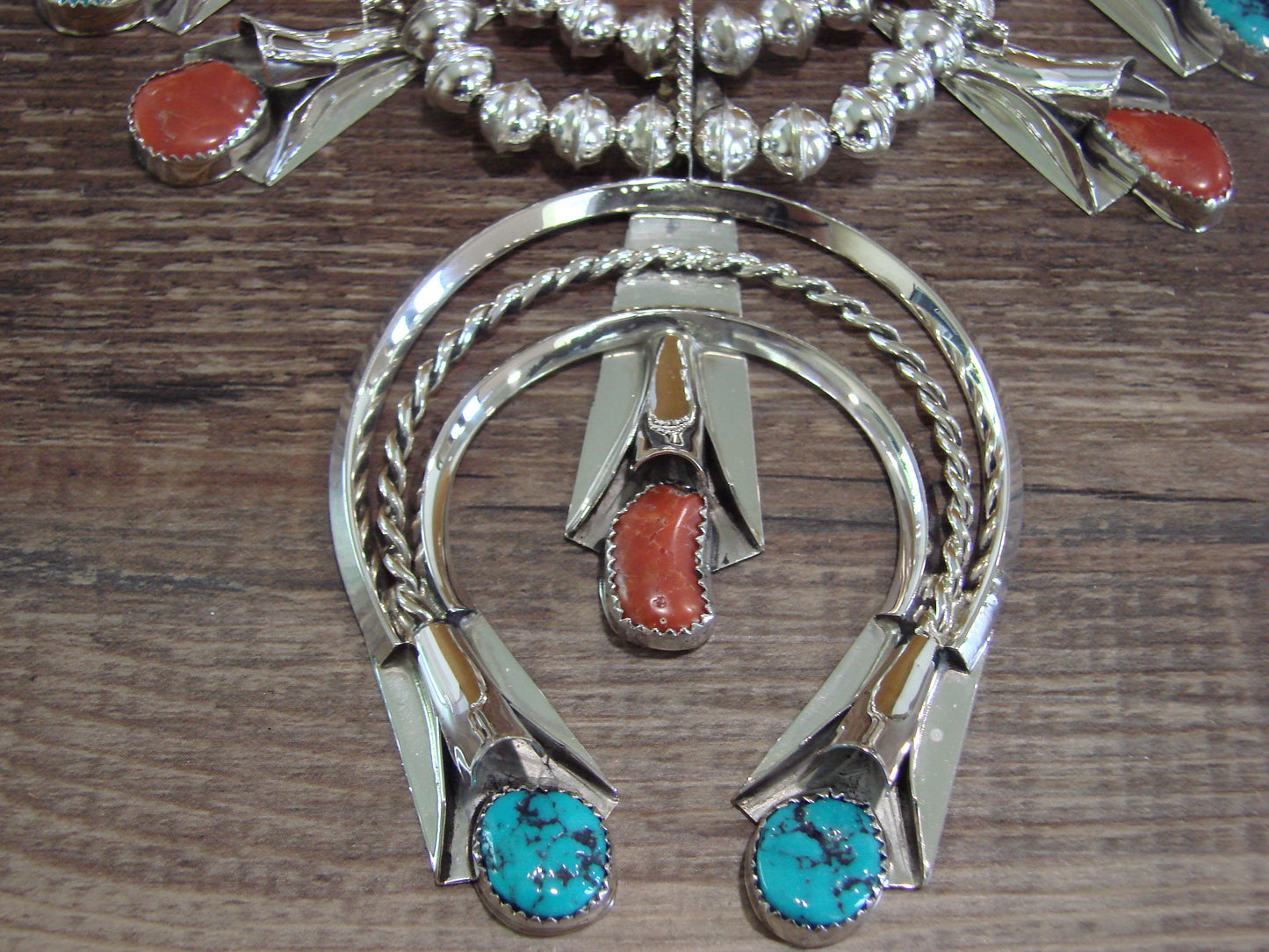 Native American Sterling Silver Turquoise & Coral Squash Blossom Set By Yazzie
