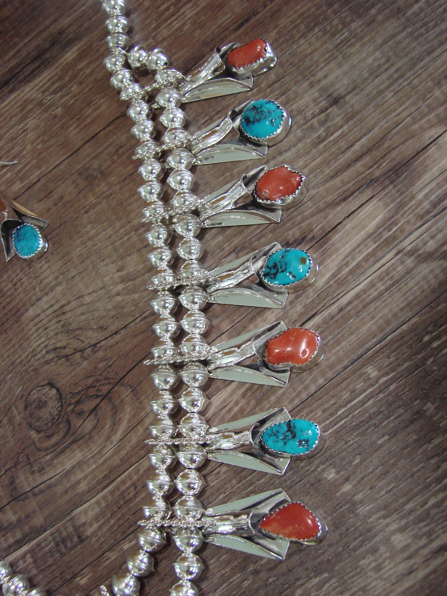 Native American Sterling Silver Turquoise & Coral Squash Blossom Set By Yazzie