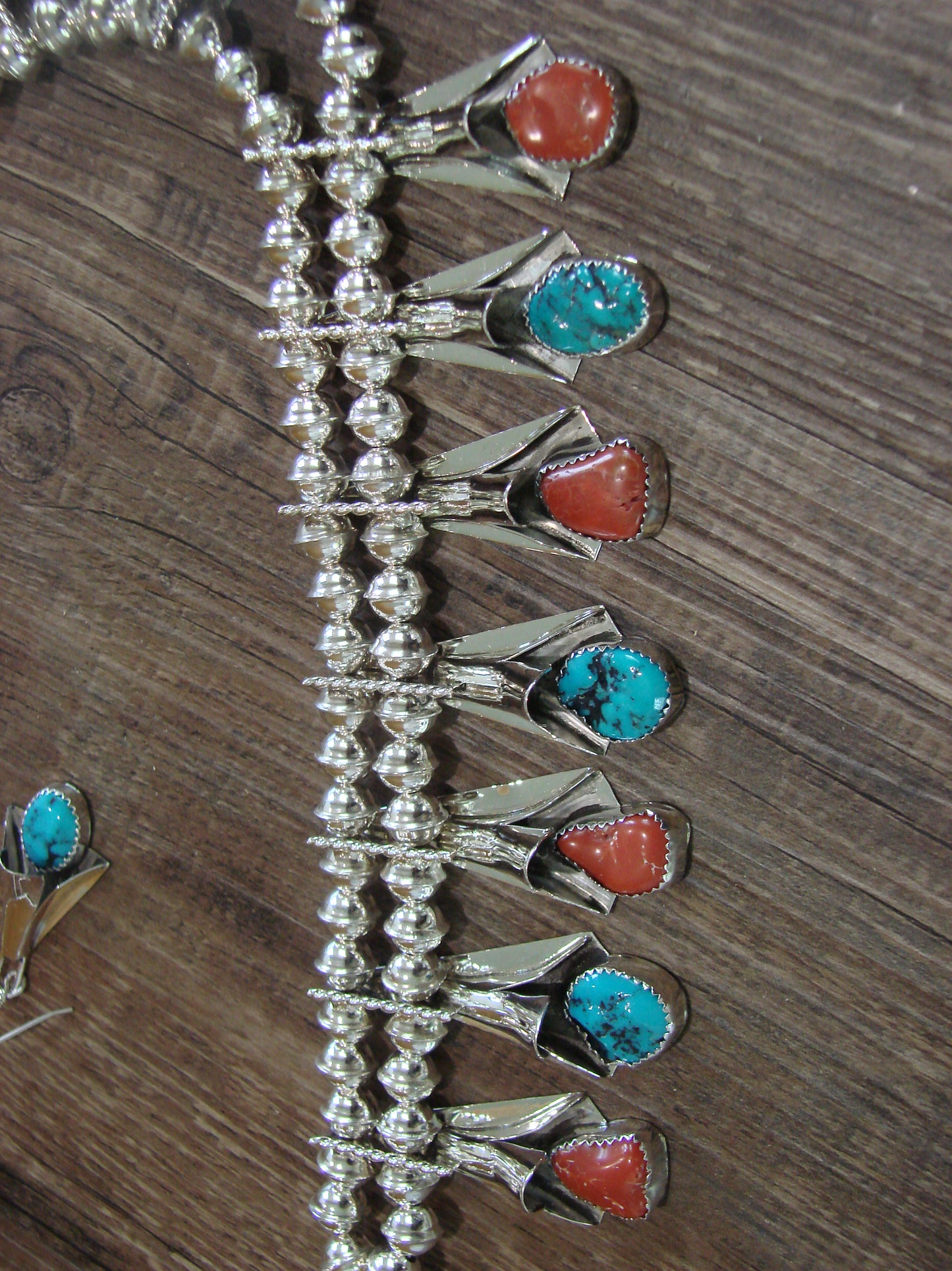 Native American Sterling Silver Turquoise & Coral Squash Blossom Set By Yazzie