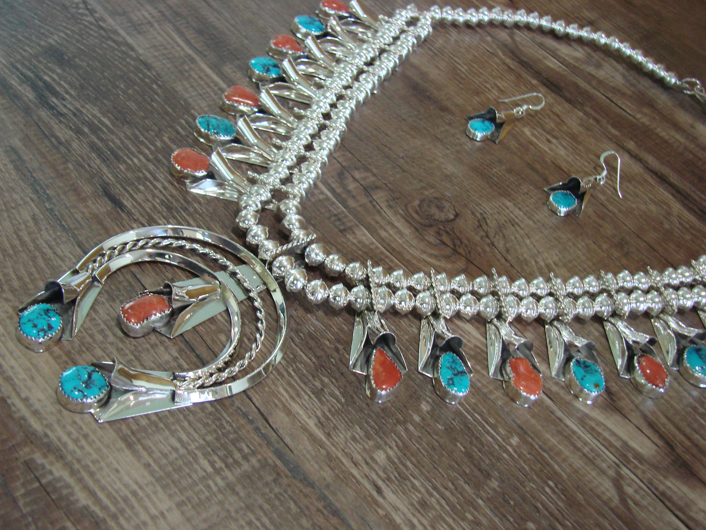 Native American Sterling Silver Turquoise & Coral Squash Blossom Set By Yazzie