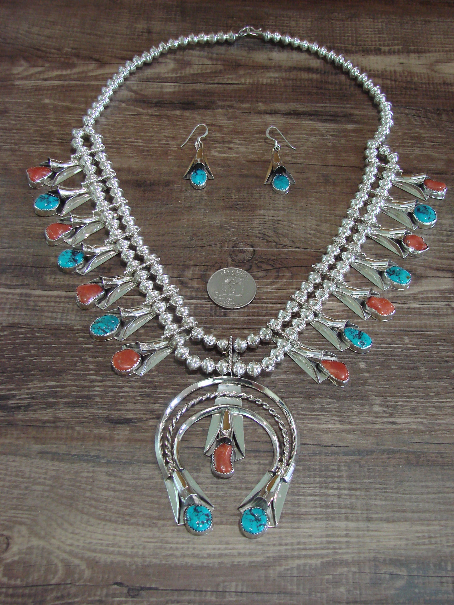 Native American Sterling Silver Turquoise & Coral Squash Blossom Set By Yazzie