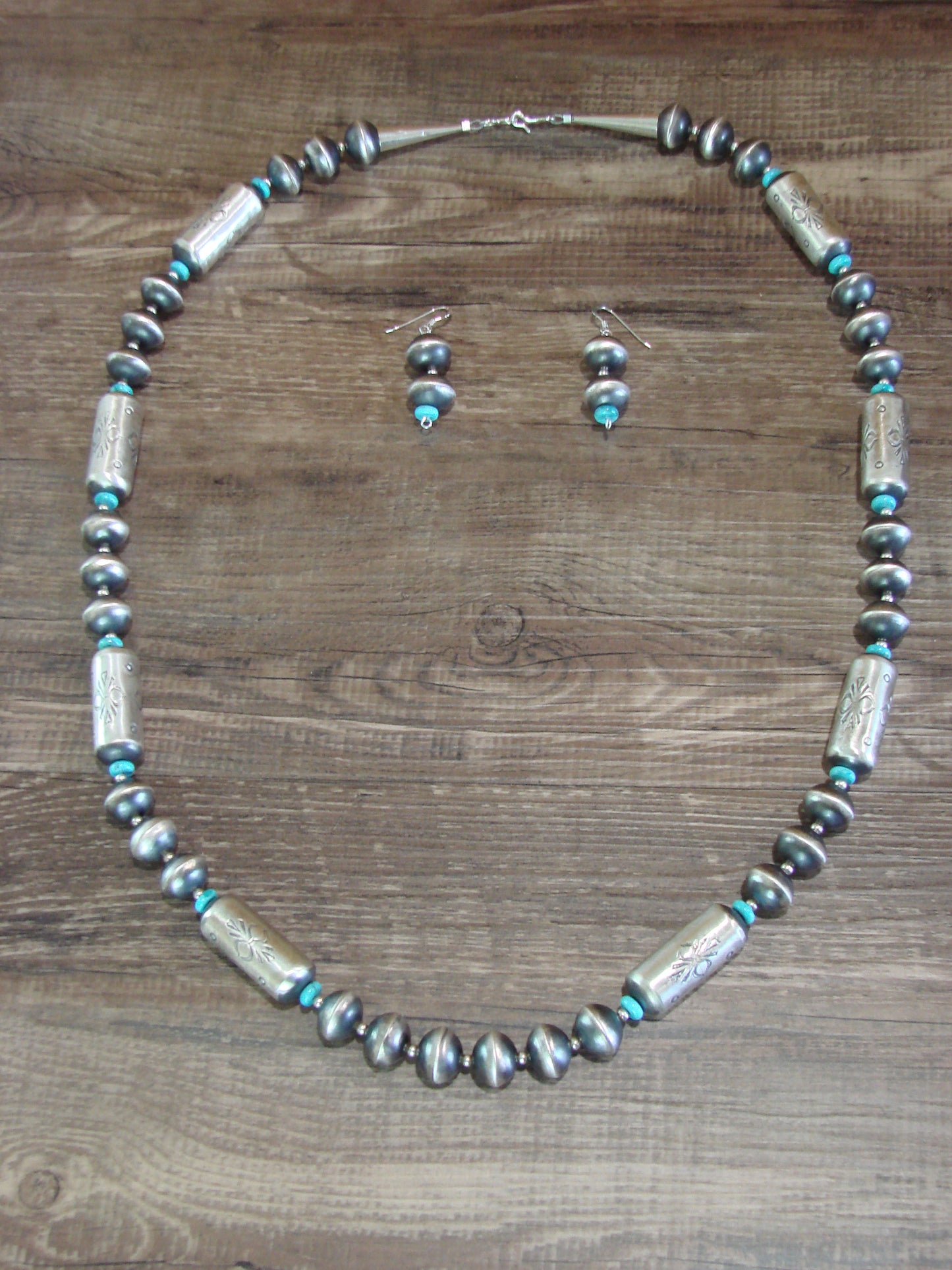 Native American Sterling Silver Hand Stamped Navajo Pearl 31" Necklace Set by Cooley