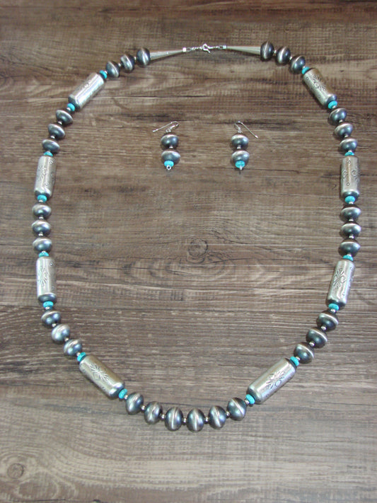 Native American Sterling Silver Hand Stamped Navajo Pearl 31" Necklace Set by Cooley