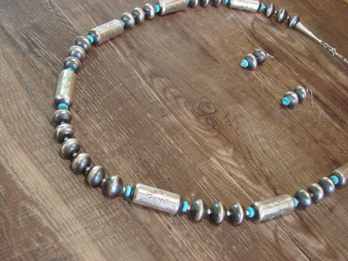 Native American Sterling Silver Hand Stamped Navajo Pearl 31" Necklace Set by Cooley