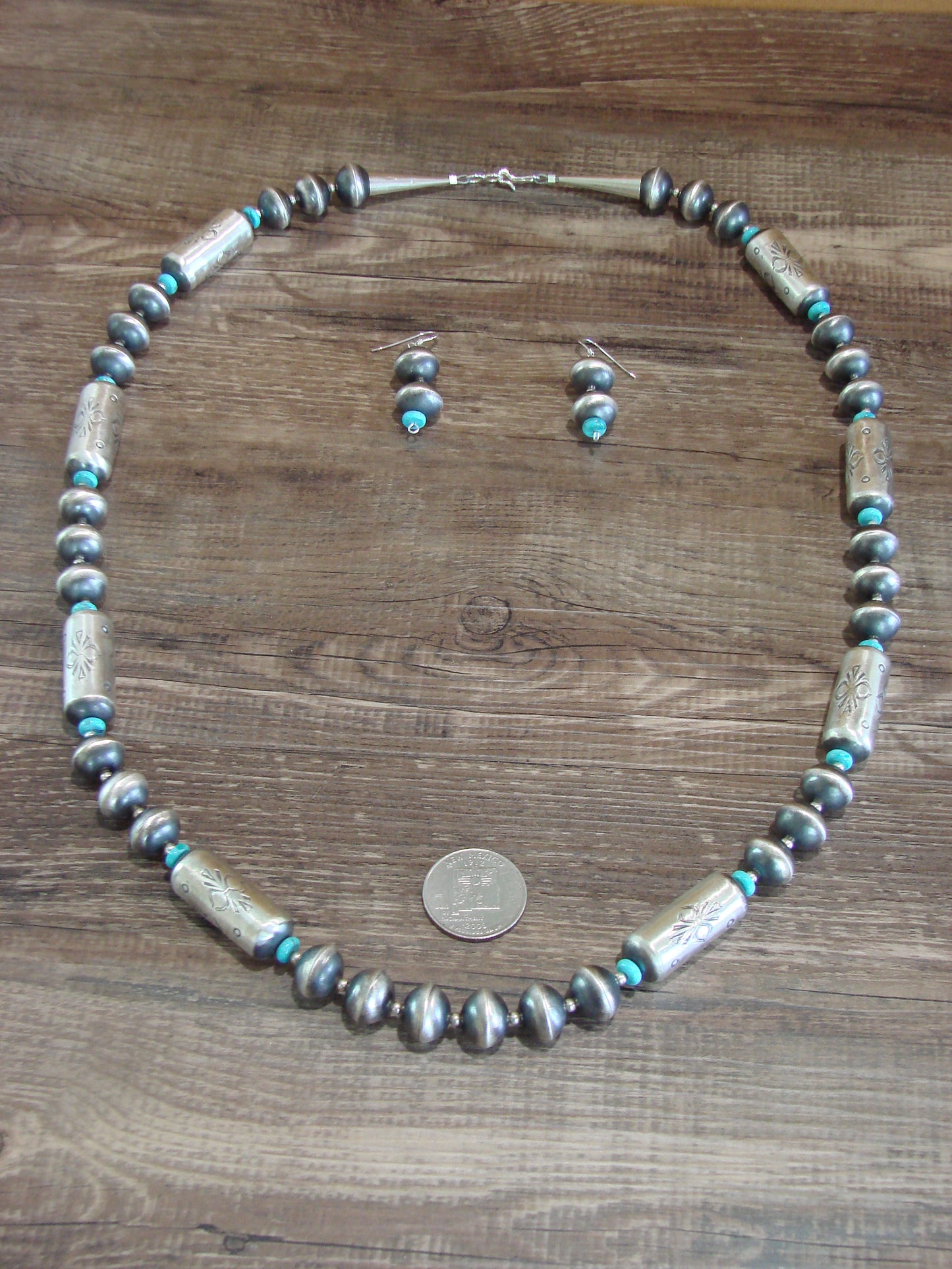 Native American Sterling Silver Hand Stamped Navajo Pearl 31" Necklace Set by Cooley