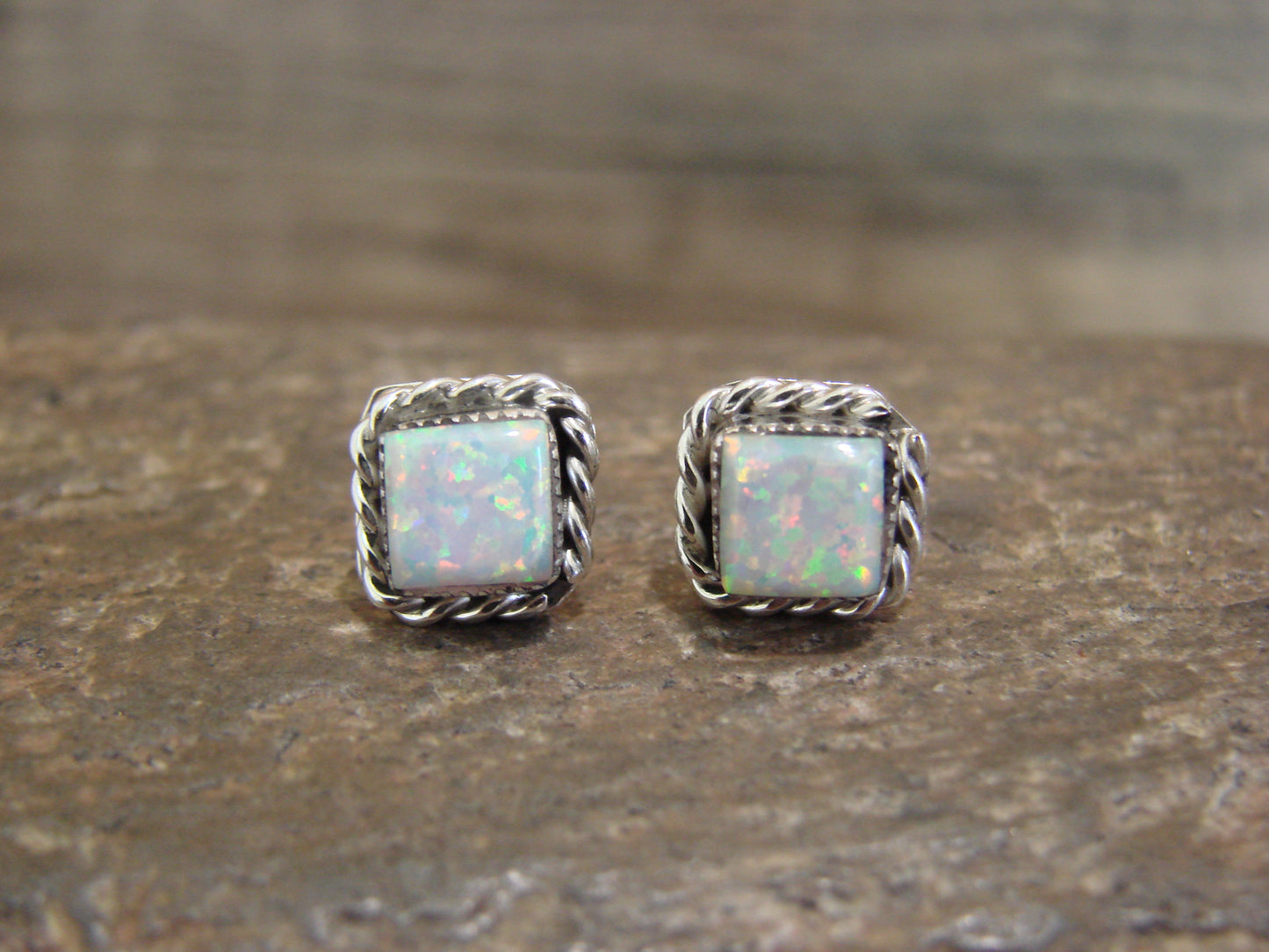 Native American Sterling Silver Square Opal Post Earrings by Leander Cachini