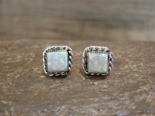 Native American Sterling Silver Square Opal Post Earrings by Leander Cachini