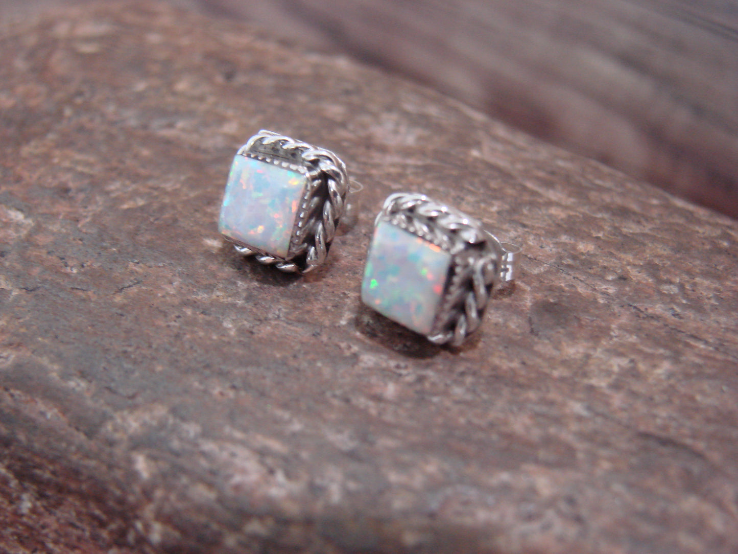 Native American Sterling Silver Square Opal Post Earrings by Leander Cachini
