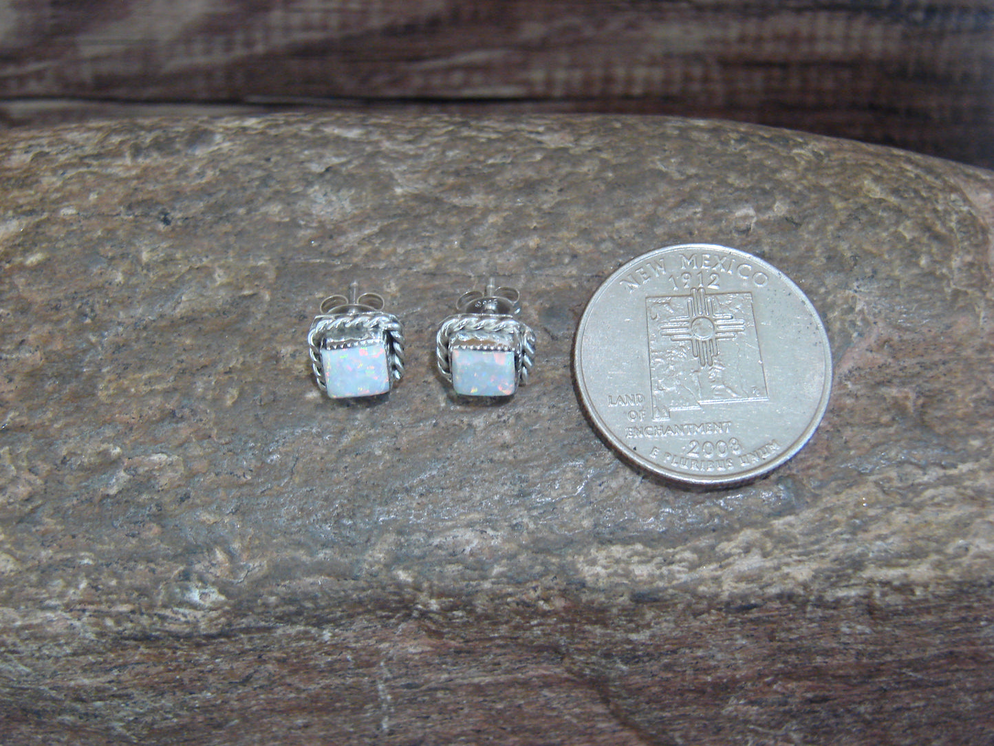 Native American Sterling Silver Square Opal Post Earrings by Leander Cachini