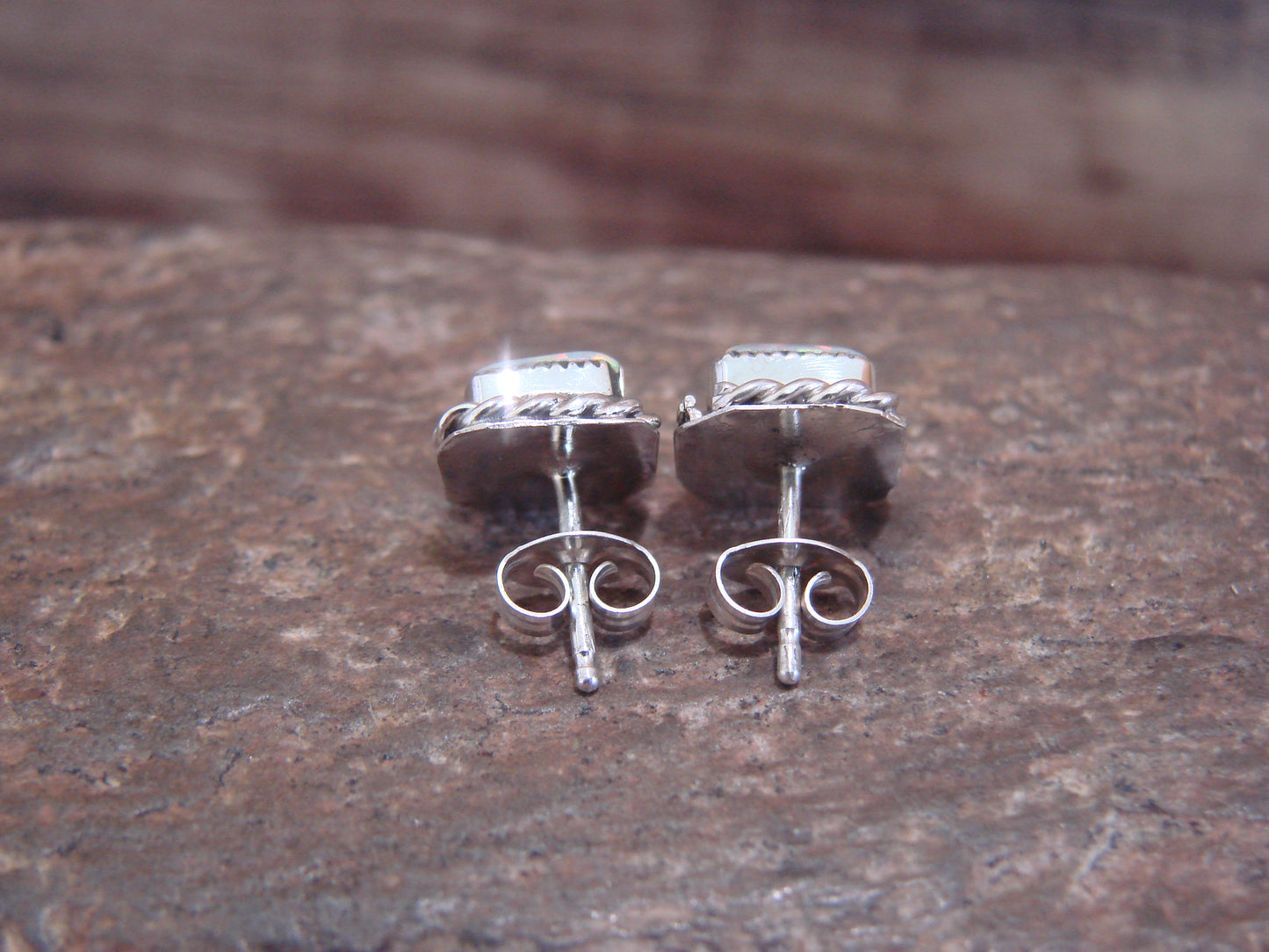 Native American Sterling Silver Square Opal Post Earrings by Leander Cachini