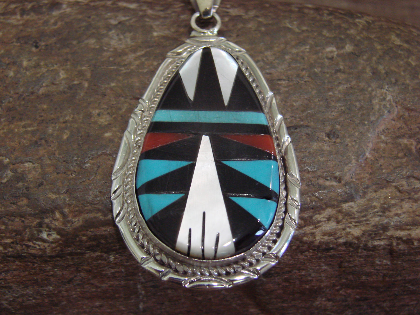 Native American Sterling Silver & Multi Stone Inlay Pendant by Lamy