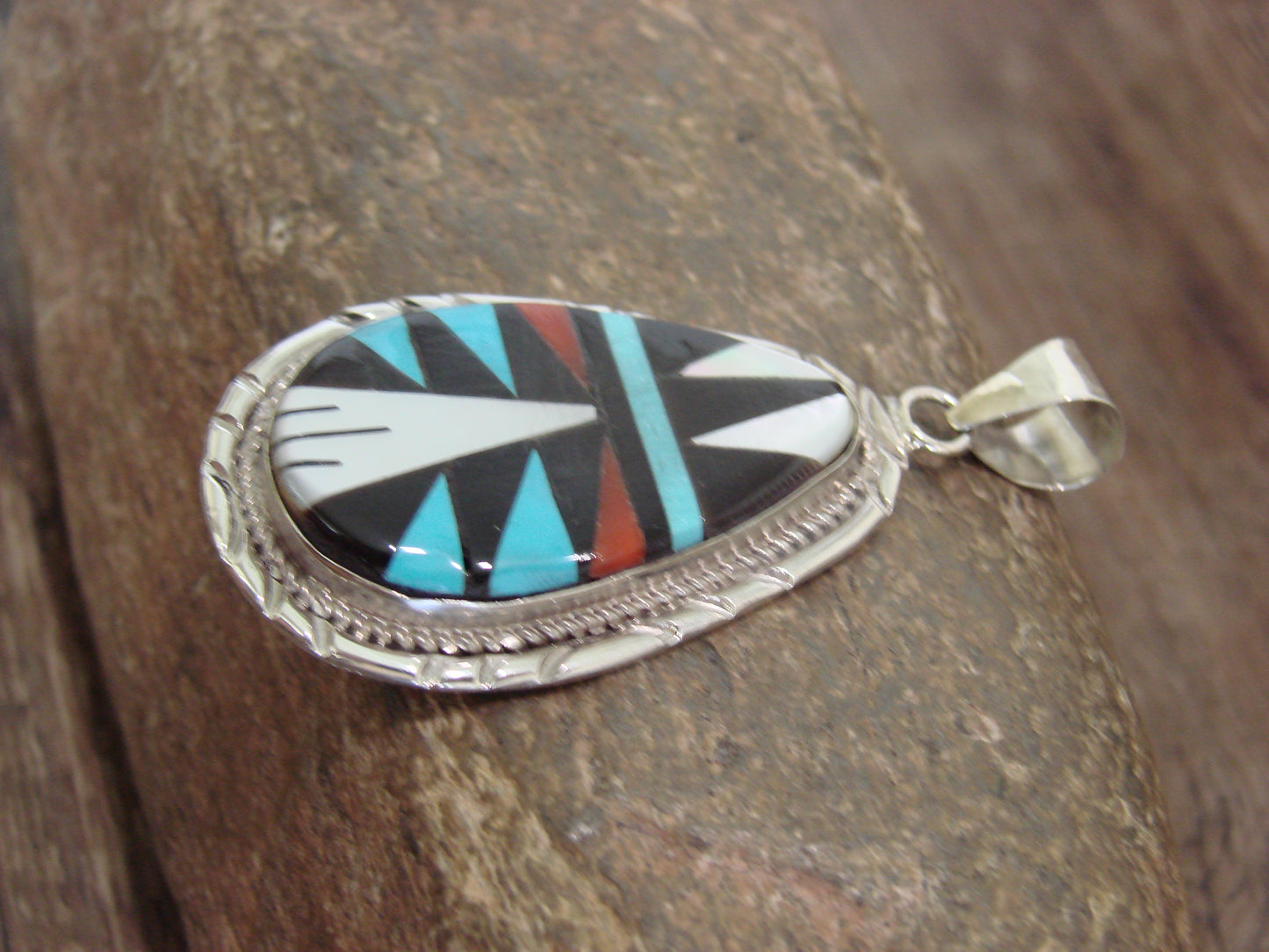 Native American Sterling Silver & Multi Stone Inlay Pendant by Lamy