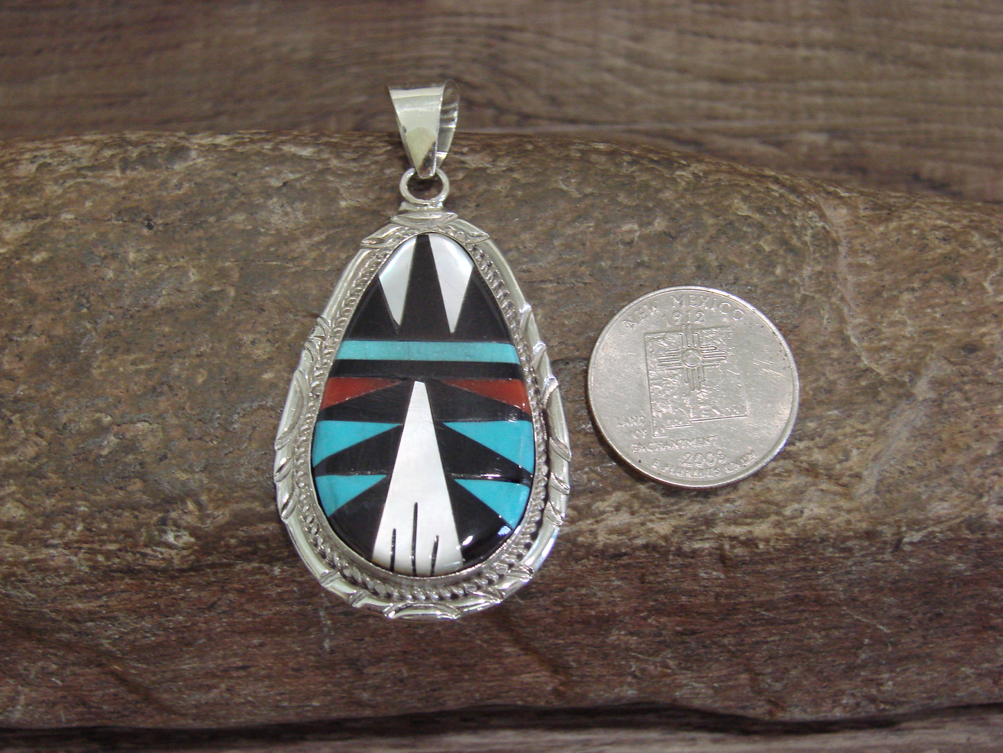 Native American Sterling Silver & Multi Stone Inlay Pendant by Lamy