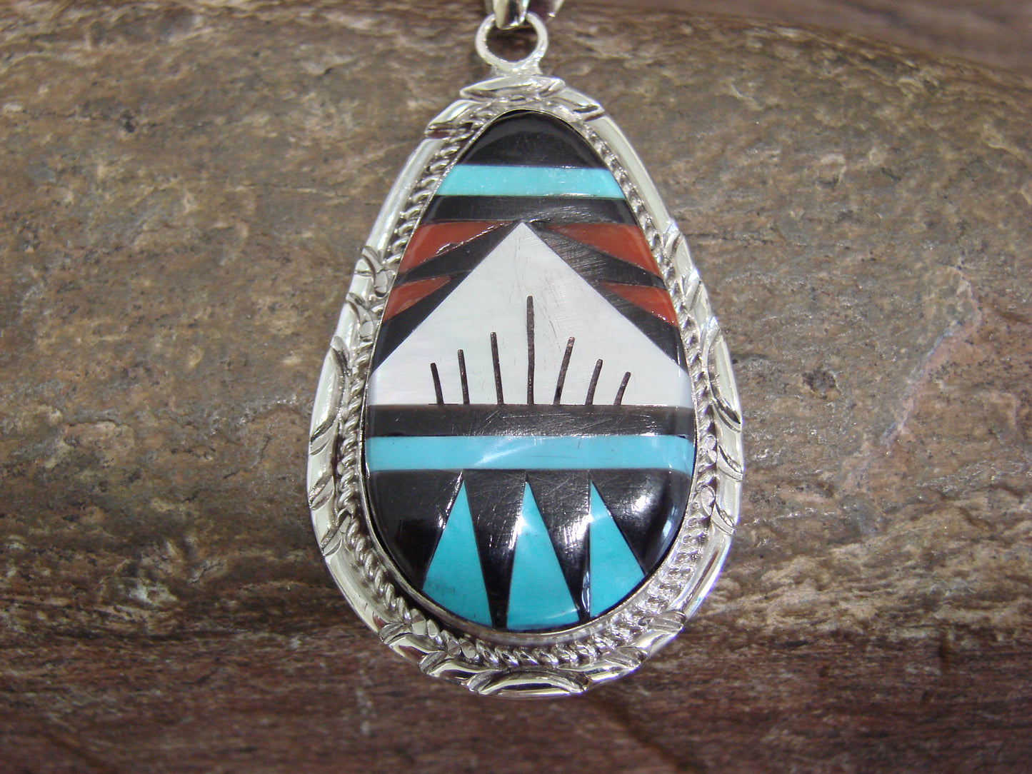 Native American Sterling Silver & Multi Stone Inlay Pendant by Lamy