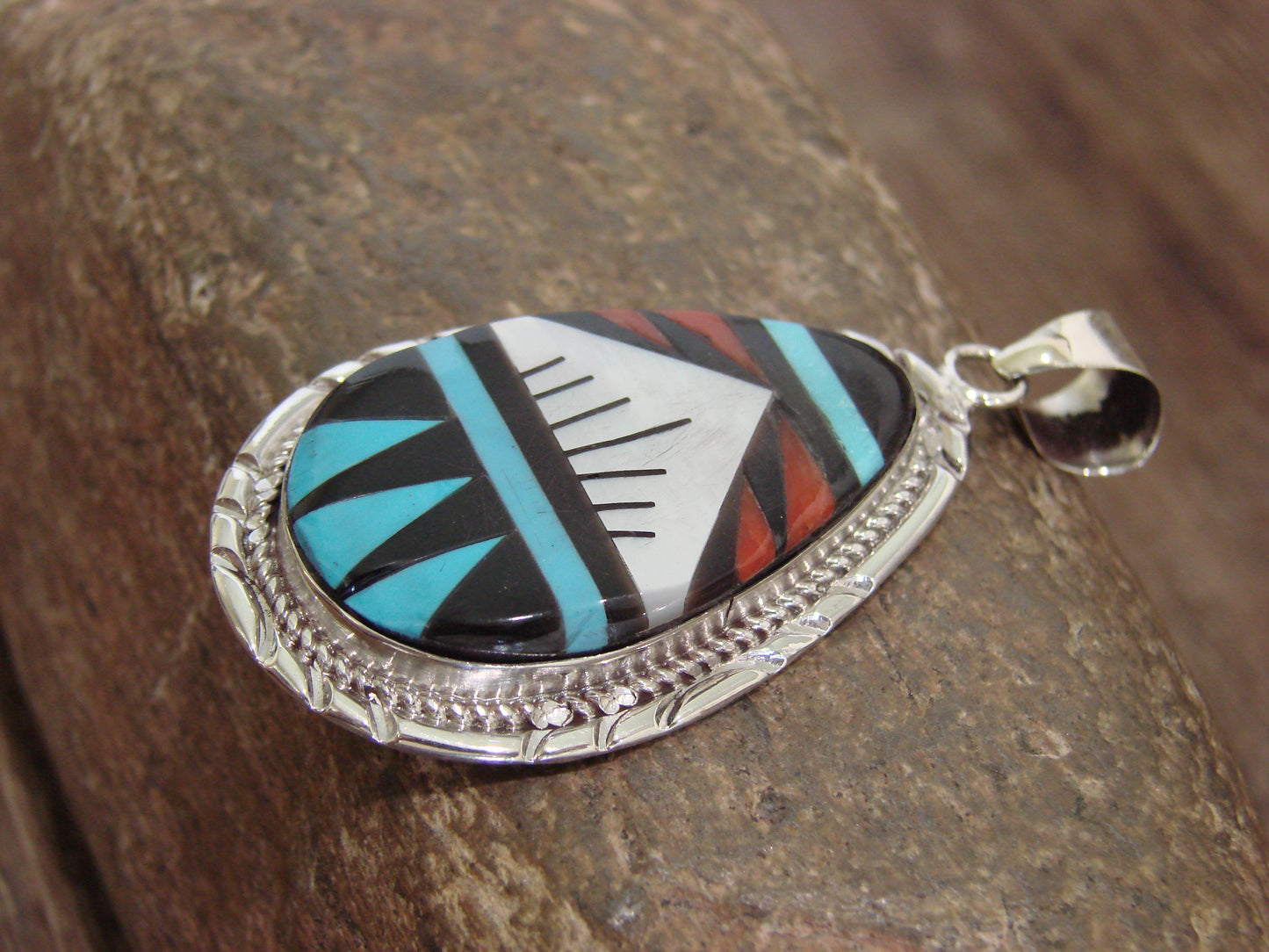Native American Sterling Silver & Multi Stone Inlay Pendant by Lamy