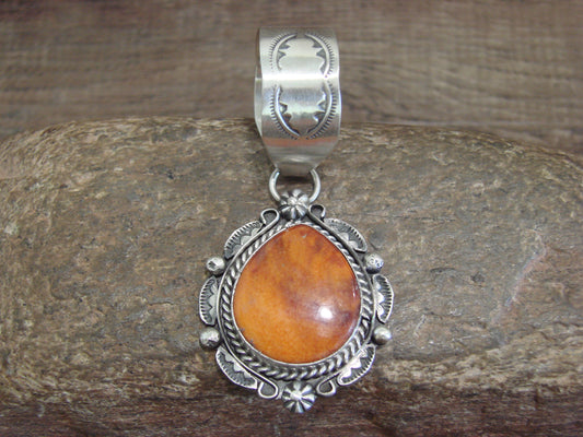 Native American Sterling Silver & Orange Spiny Oyster Pendant Signed Dawes