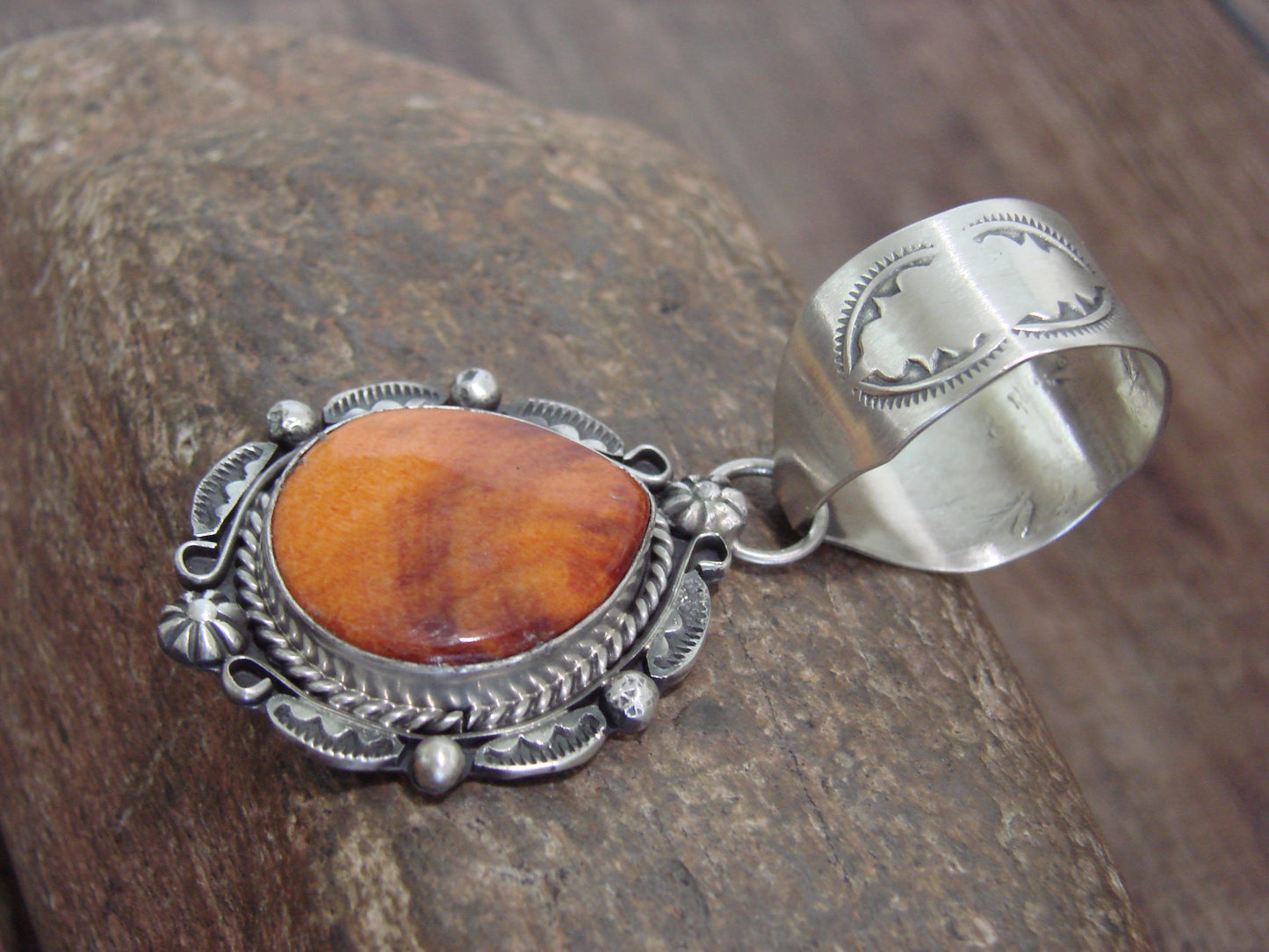 Native American Sterling Silver & Orange Spiny Oyster Pendant Signed Dawes