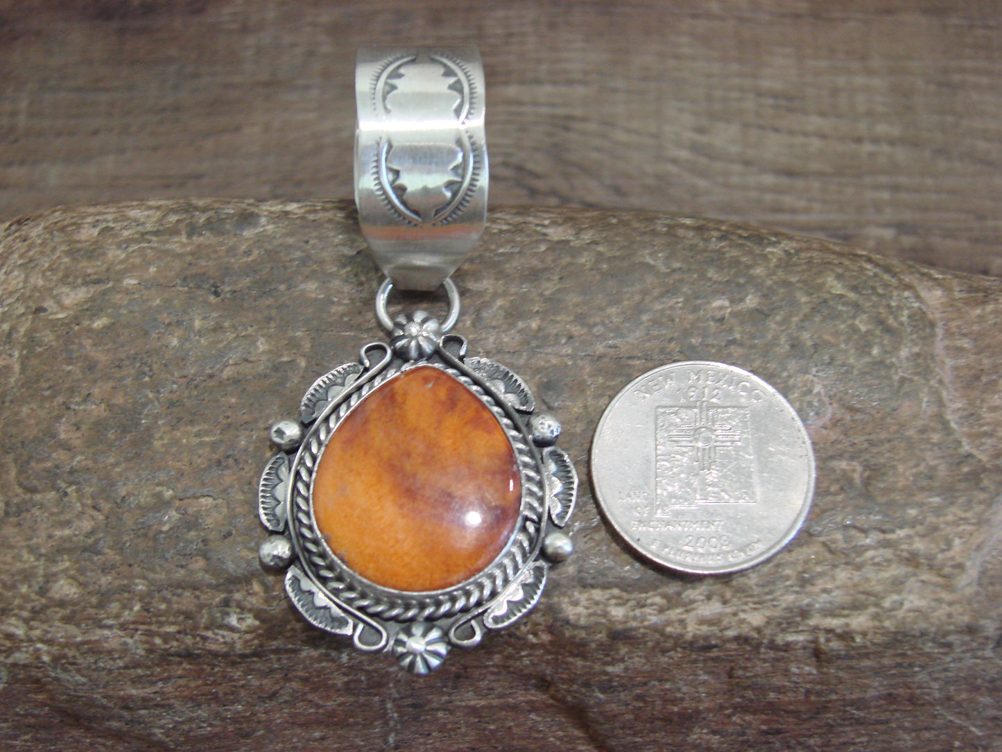 Native American Sterling Silver & Orange Spiny Oyster Pendant Signed Dawes