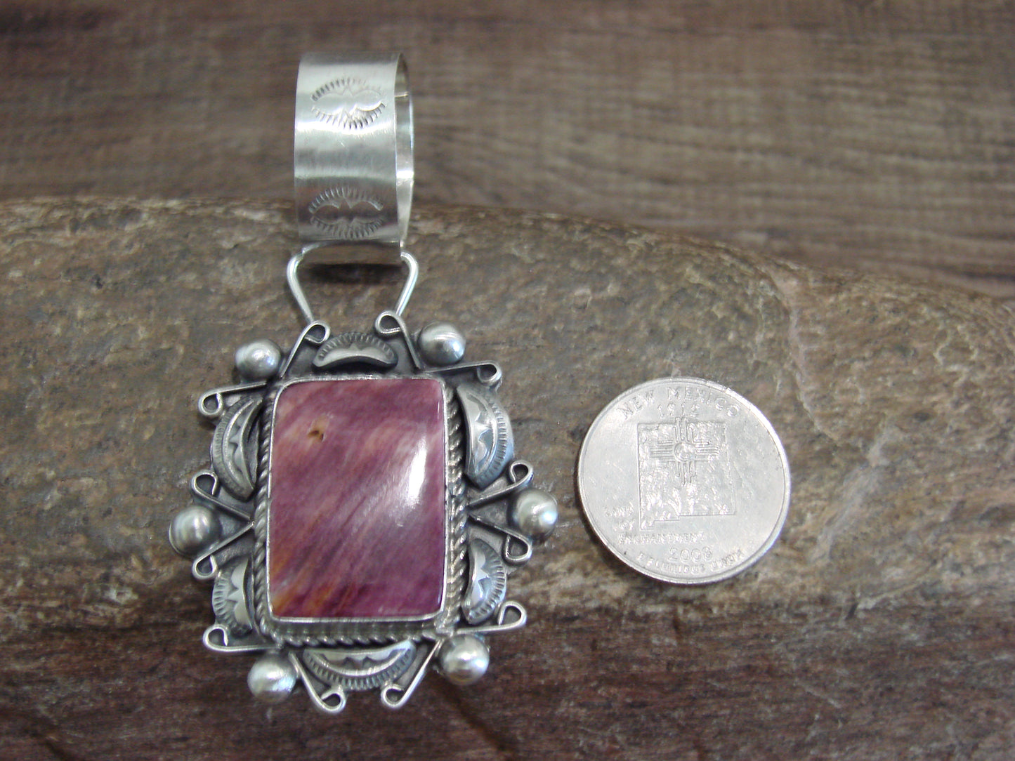 Native American Sterling Silver & Purple Spiny Oyster Pendant Signed Dawes