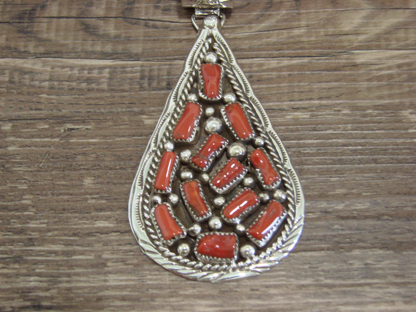 Native American Sterling Silver & Coral Cluster Pendant Signed Begay