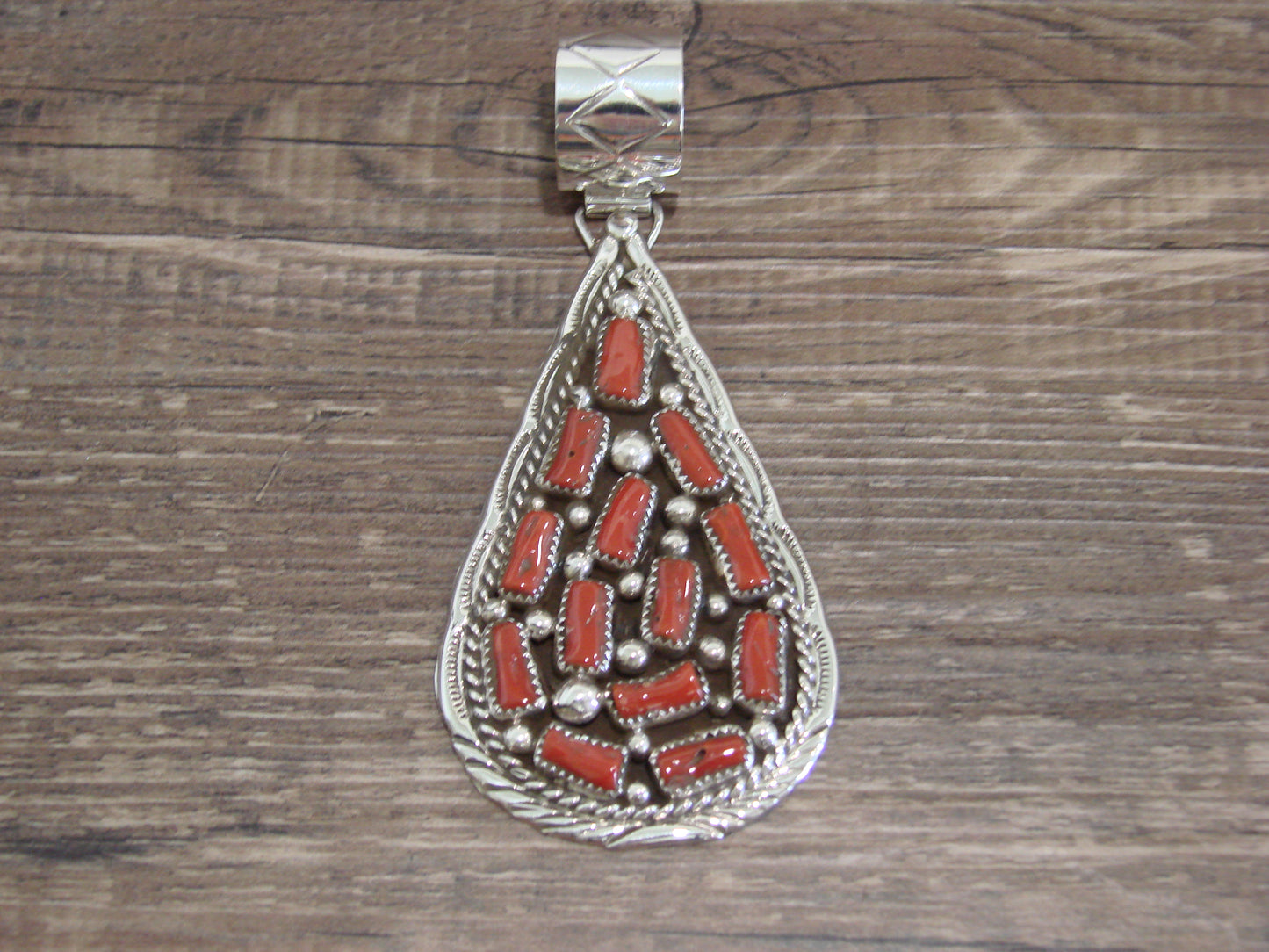 Native American Sterling Silver & Coral Cluster Pendant Signed Begay