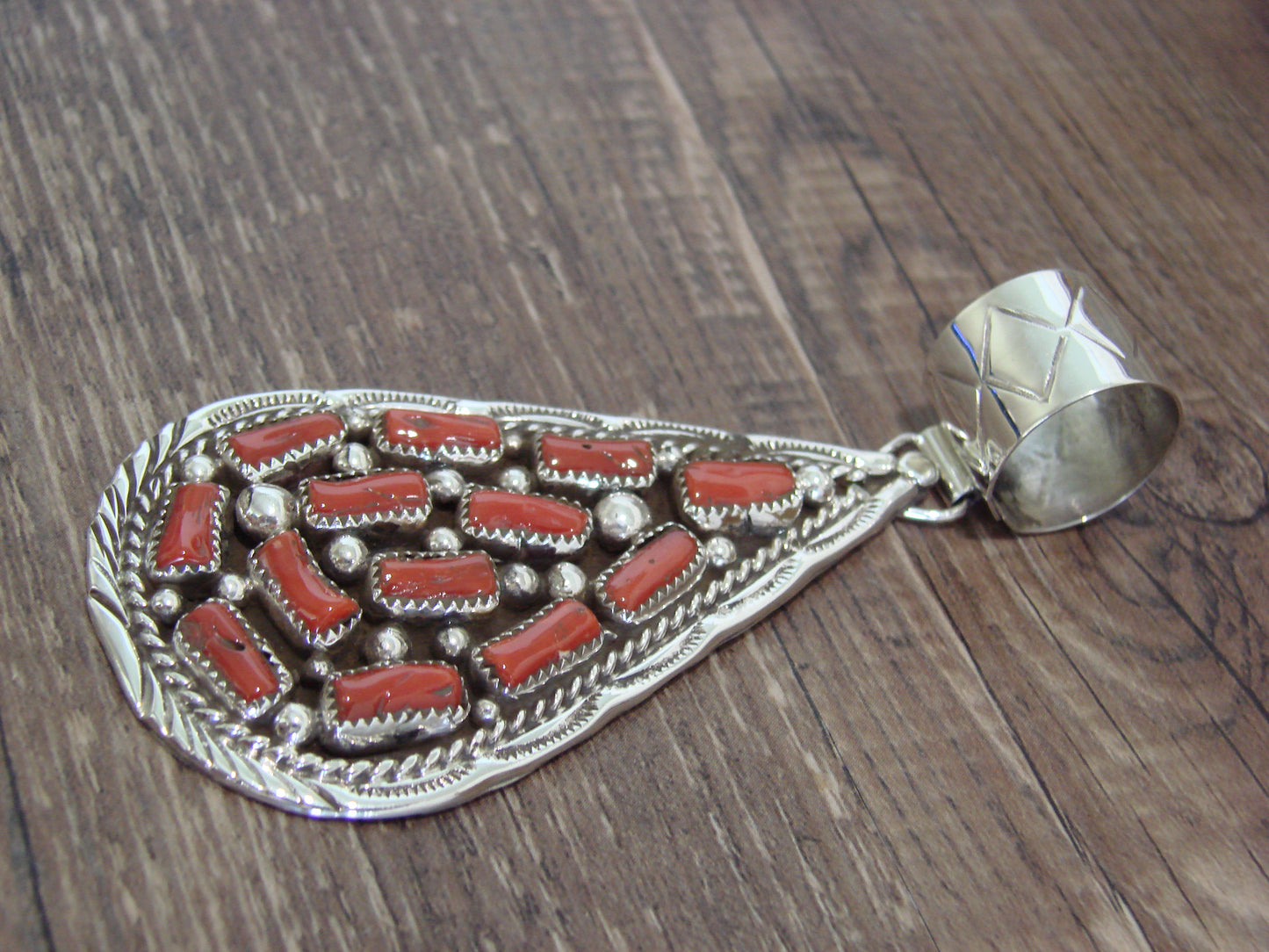 Native American Sterling Silver & Coral Cluster Pendant Signed Begay