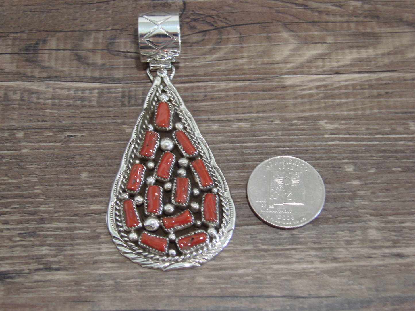 Native American Sterling Silver & Coral Cluster Pendant Signed Begay