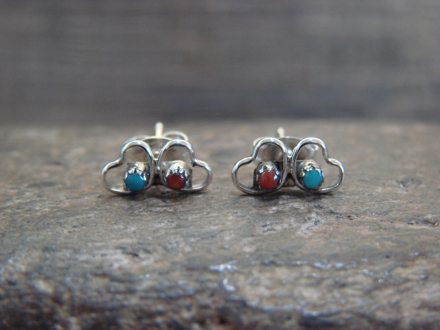 Native American Sterling Silver Turquoise & Coral Heart Post Stud Earrings - Neha