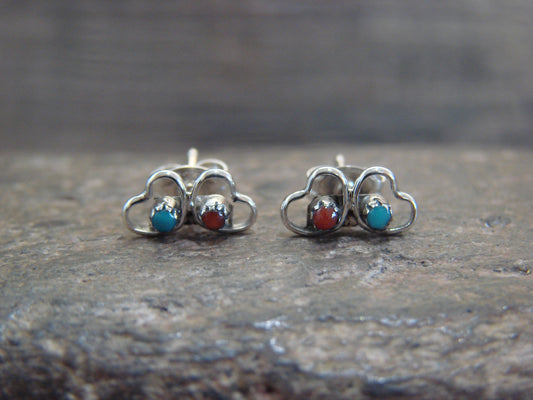 Native American Sterling Silver Turquoise & Coral Heart Post Stud Earrings - Neha