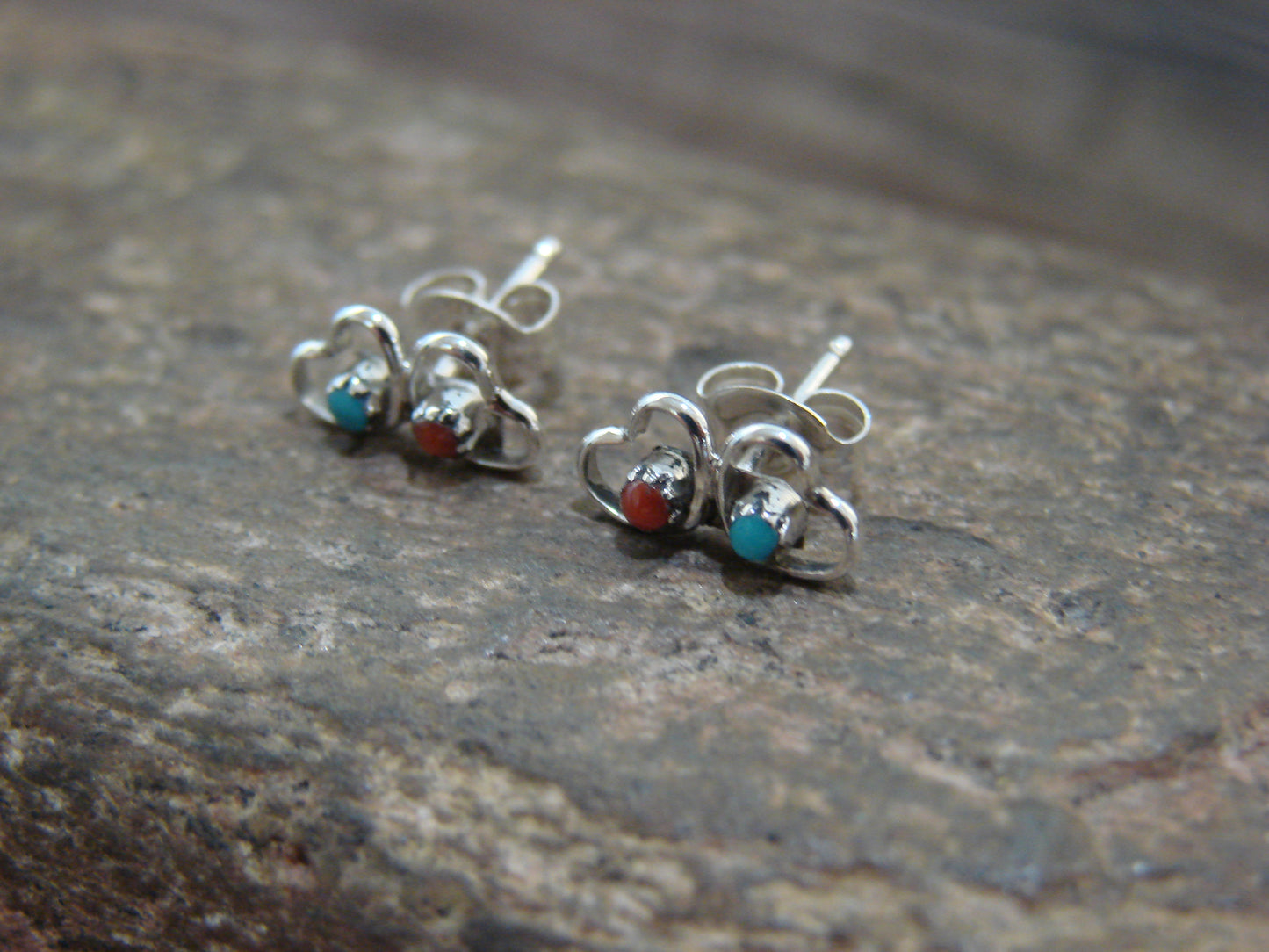 Native American Sterling Silver Turquoise & Coral Heart Post Stud Earrings - Neha