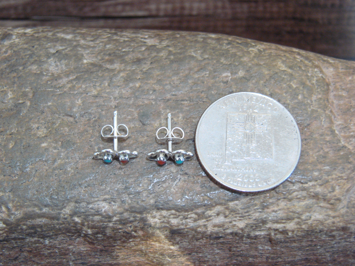 Native American Sterling Silver Turquoise & Coral Heart Post Stud Earrings - Neha