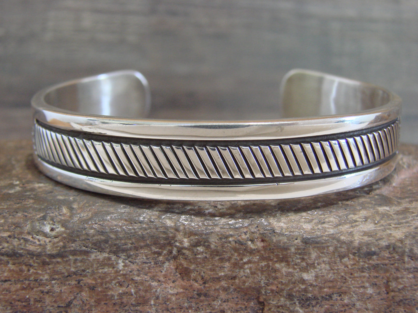 Native American Indian Hand Stamped Sterling Silver Bracelet Signed B Morgan