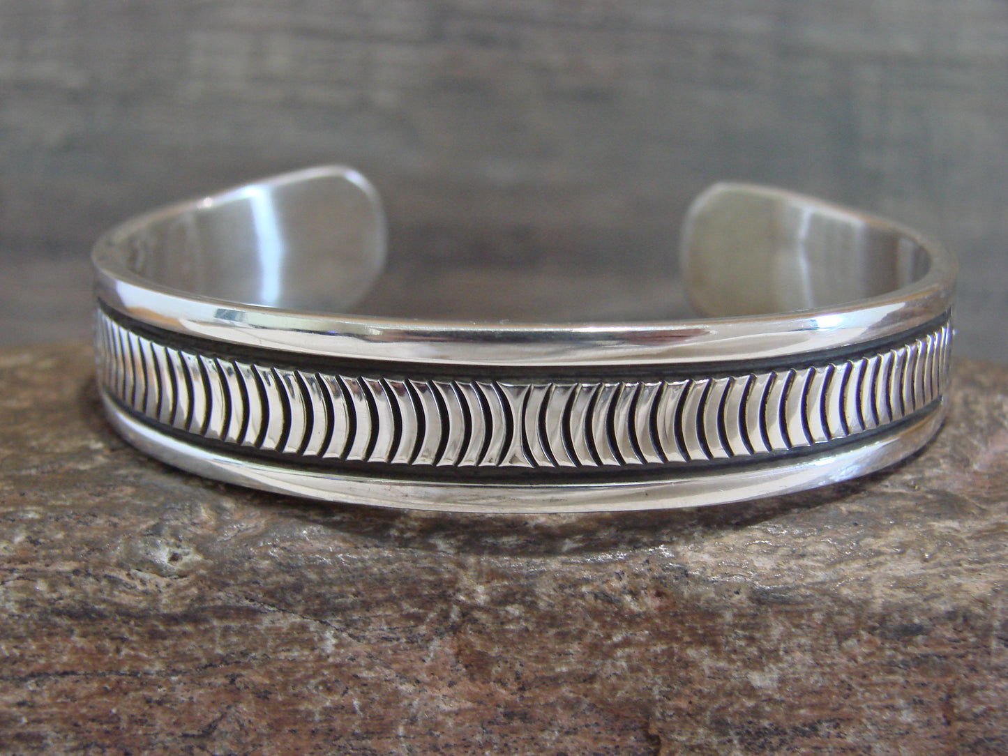 Native American Indian Hand Stamped Sterling Silver Bracelet Signed B Morgan