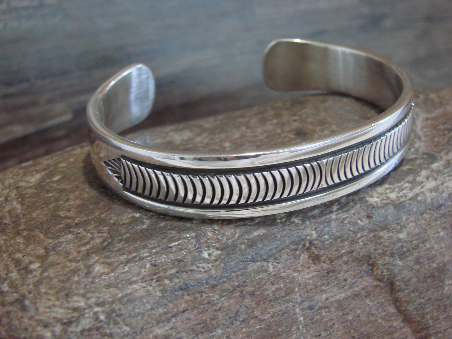 Native American Indian Hand Stamped Sterling Silver Bracelet Signed B Morgan