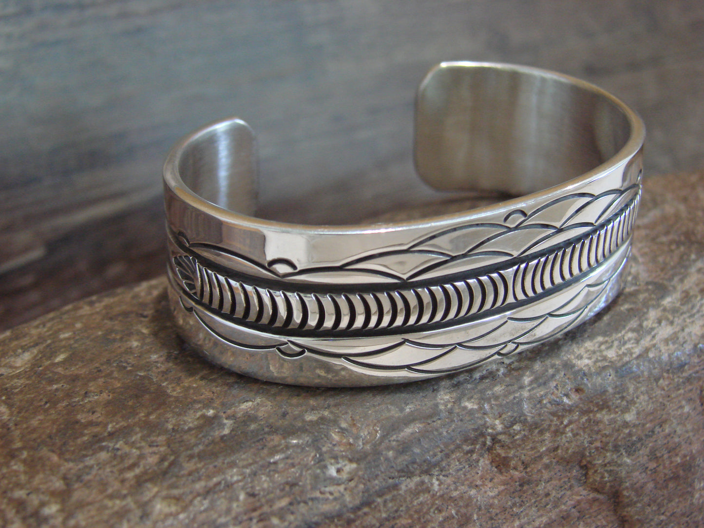 Native American Indian Hand Stamped Sterling Silver Bracelet Signed B Morgan