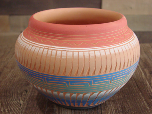 Native American Navajo Indian Hand Etched & Hand Painted Pottery - M. Charlie