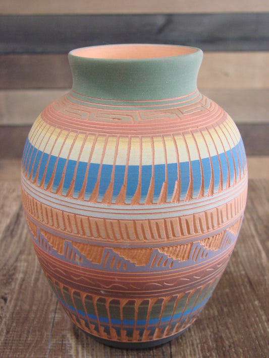 Native American Navajo Indian Hand Etched & Hand Painted Pottery - M. Charlie
