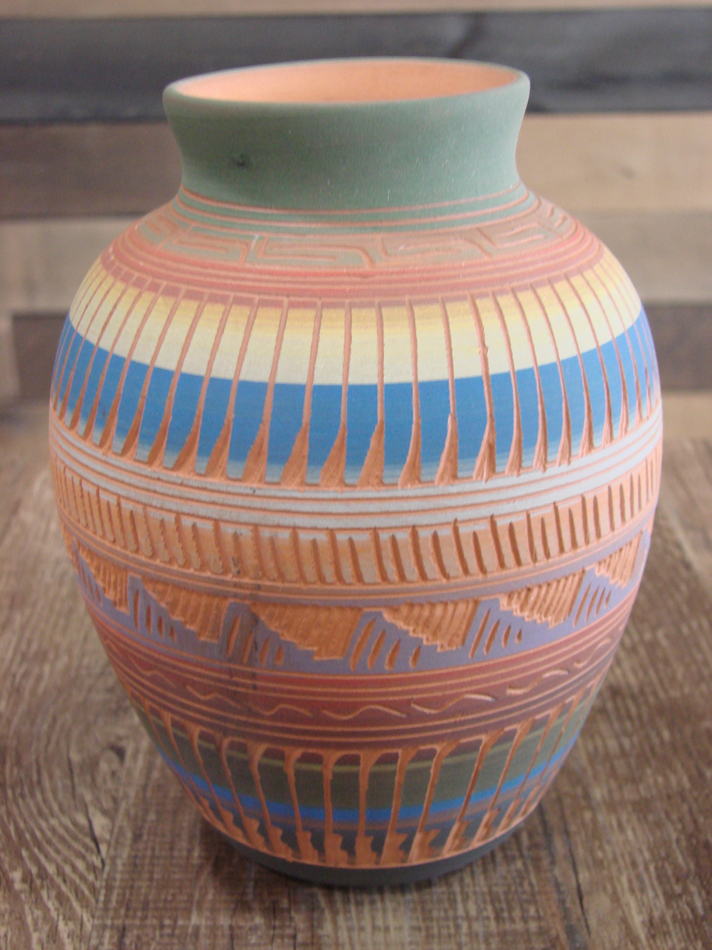 Native American Navajo Indian Hand Etched & Hand Painted Pottery - M. Charlie